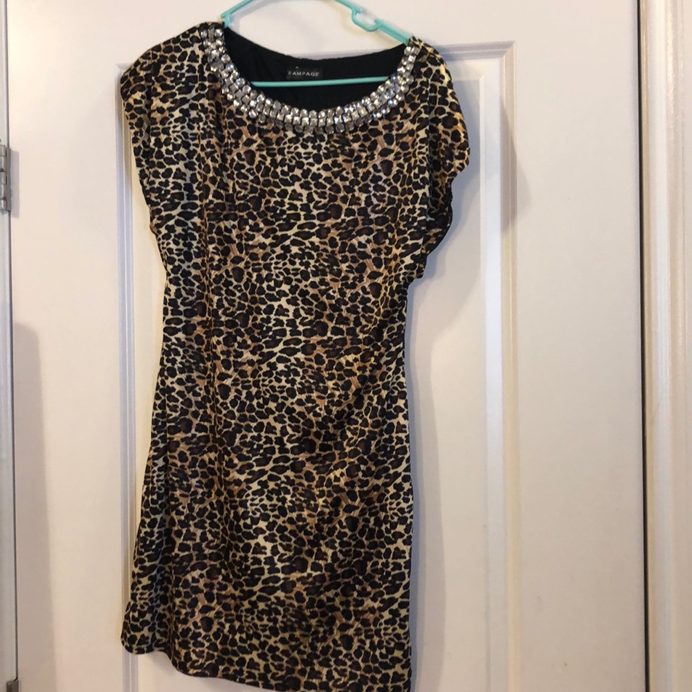 Leopard mini dress with rhinestoned neckline!
